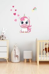 Sevimli Unicorn Ve Kalpler Çocuk Odası Duvar Sticker