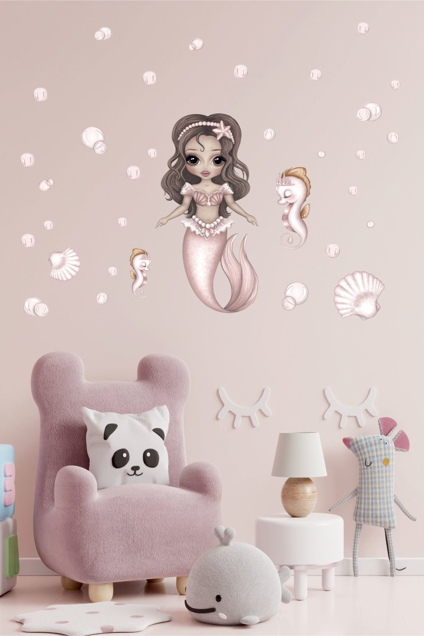 Sevimli Deniz Kızı Ve Deniz Atları Çocuk Odası Duvar Sticker