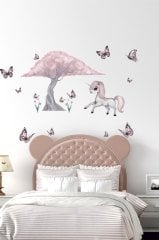 Sevimli Unicorn, Ağaç ve Kelebekler Çocuk Odası Duvar Sticker