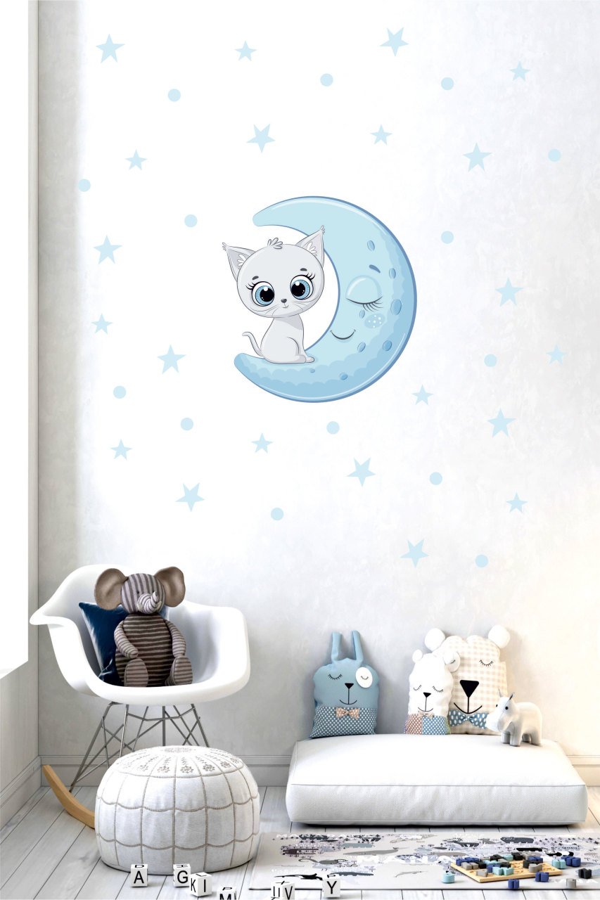 Ayda Oturan Sevimli Kedi Çocuk odası Duvar Sticker