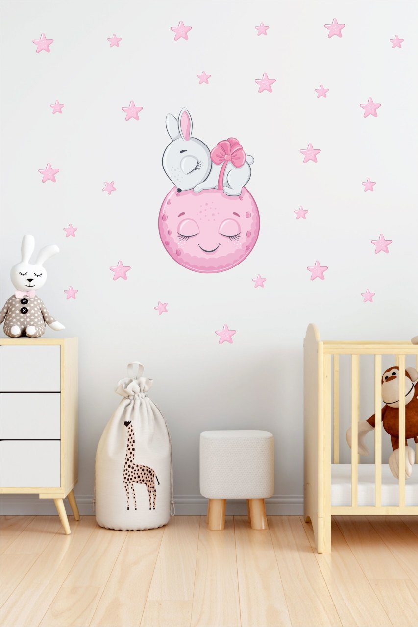Pembe Ayda Uyuyan Sevimli Tavşan Çocuk Odası Duvar Sticker