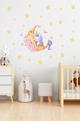 Suluboya Desenli Ayda Uyuyan Sevimli Unicorn Çocuk Odası Duvar Sticker