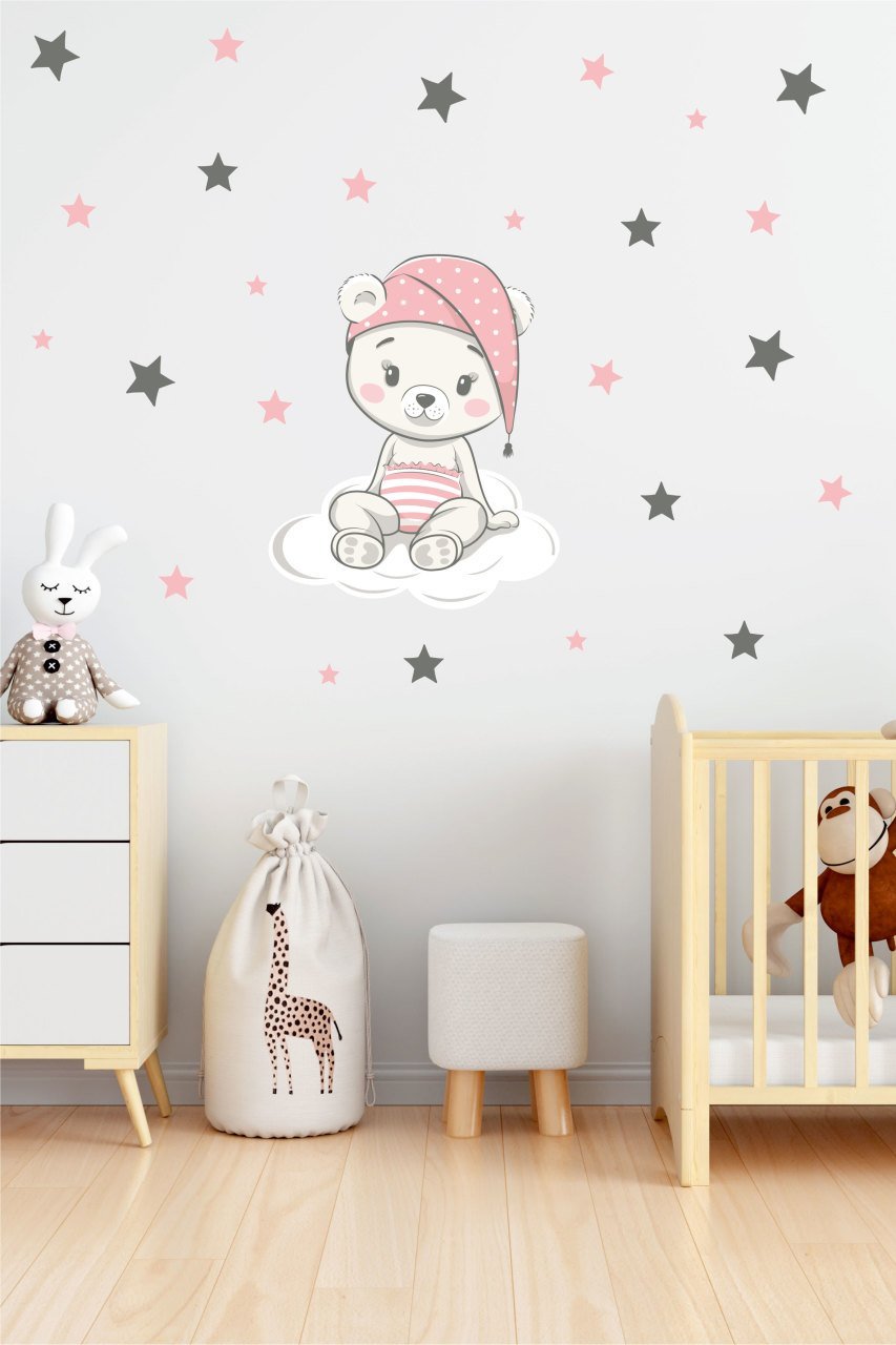Bulut Üzerinde Oturan Sevimli Ayıcık Çocuk Odası Duvar Sticker