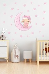 Sevimli Koyun ve Pembe Ay Çocuk Odası Duvar Sticker