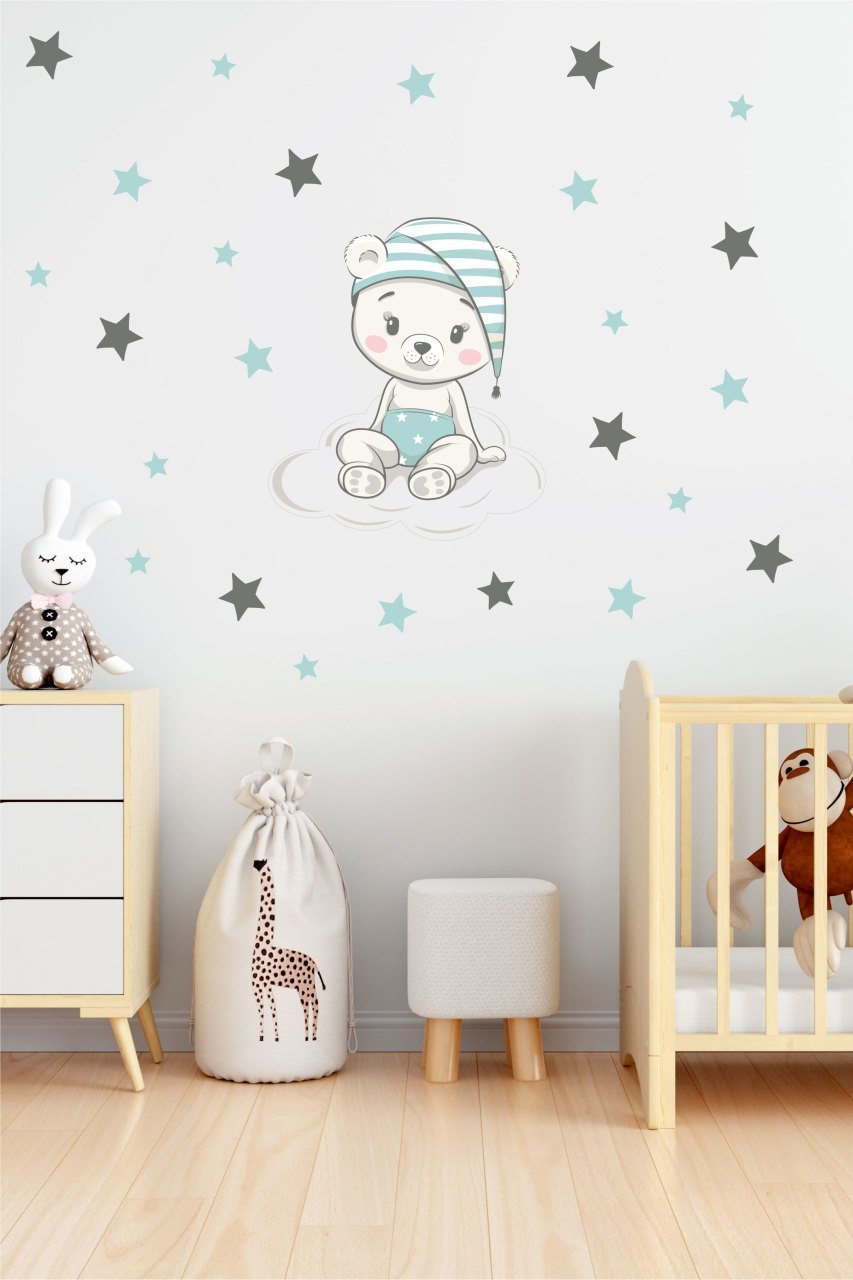 Bulut Üzerinde Oturan Sevimli Ayıcık Çocuk Odası Duvar Sticker