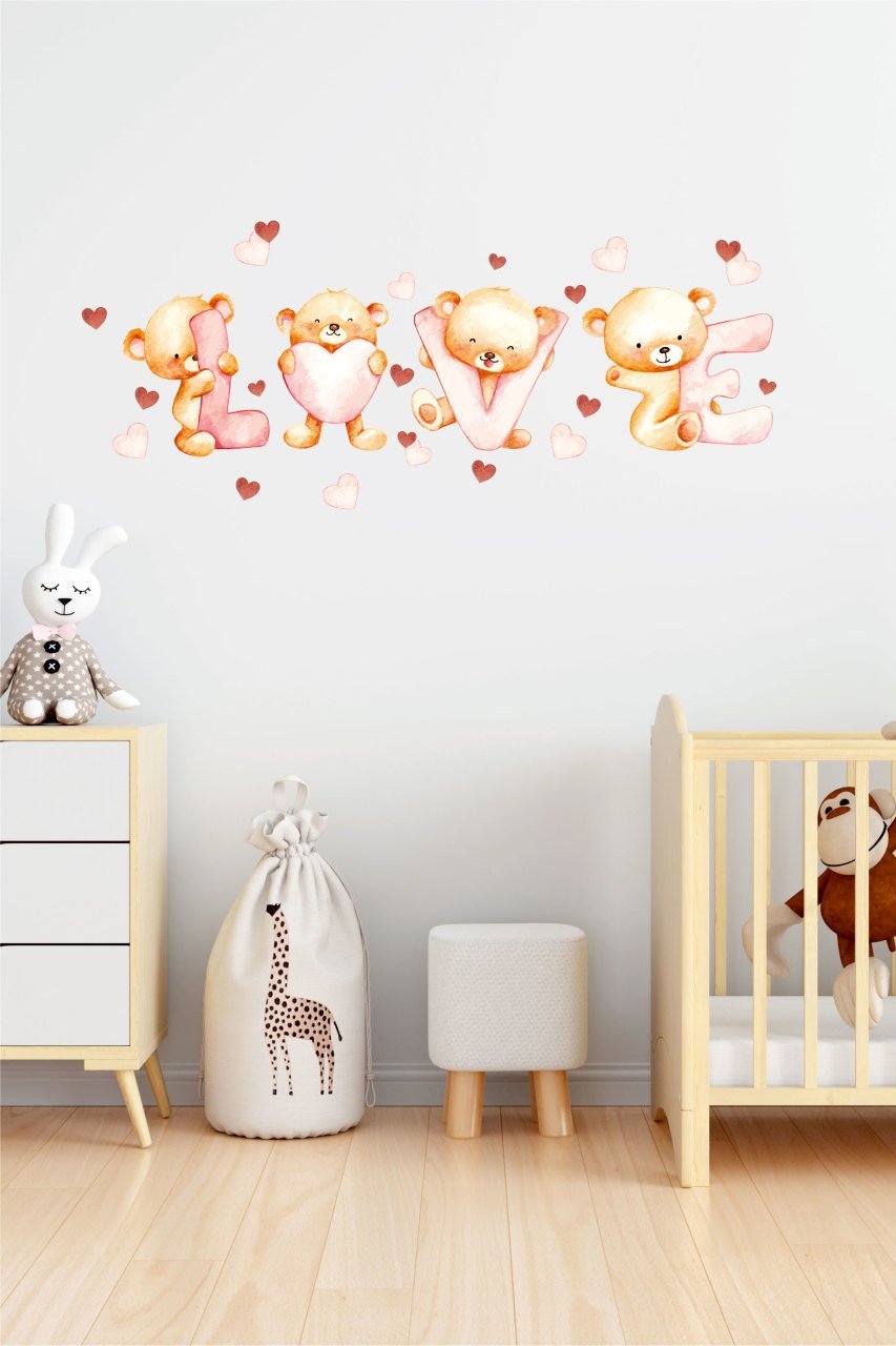 LOVE yazılı Sevimli Ayıcıklar Çocuk Odası Duvar Sticker