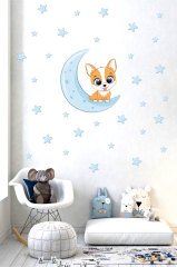 Ayda oturan Sevimli Köpek Çocuk Odası Duvar Sticker