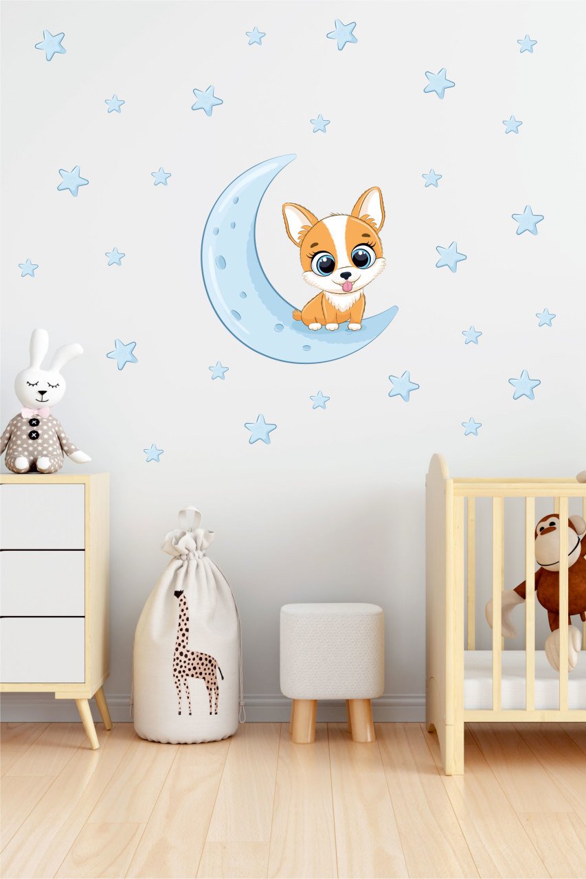 Ayda oturan Sevimli Köpek Çocuk Odası Duvar Sticker