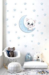 Ayda Oturan Sevimli Kedicik Çocuk Odası Duvar Sticker
