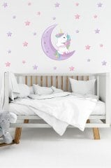 Ayda Uyuyan Sevimli Unicorn Çocuk Odası Duvar Sticker