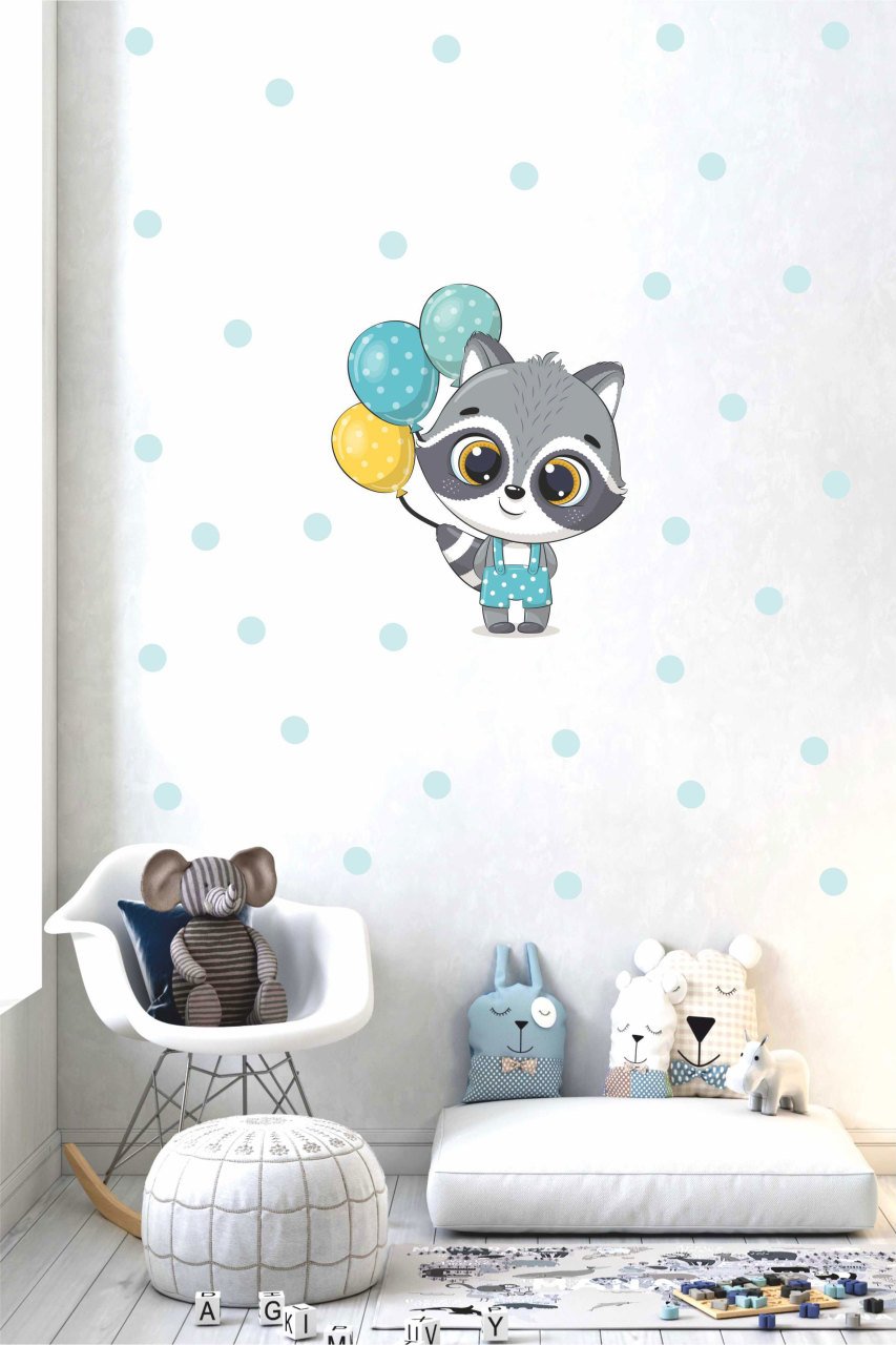 Mavi Balonlu Sevimli Rakun Çocuk Odası Duvar Sticker