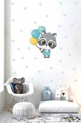 Mavi Balonlu Sevimli Rakun Çocuk Odası Duvar Sticker