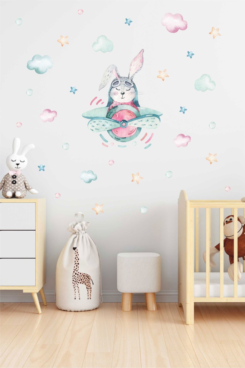 Yeşil Uçaklı Sevimli Tavşan Çocuk Odası Duvar Sticker