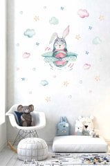 Yeşil Uçaklı Sevimli Tavşan Çocuk Odası Duvar Sticker