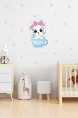 Fincan İçindeki Sevimli Şaşkın Kedi Çocuk Odası Duvar Sticker