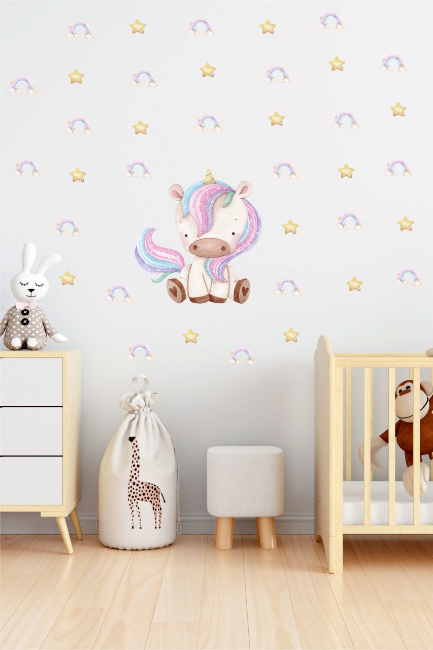 Suluboya Görünümlü Sevimli Unicorn ve Yıldızlar