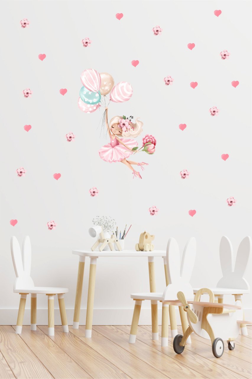 Renkli Balonlarla Yolculuk Yapan Balerin Çocuk Odası Duvar Sticker