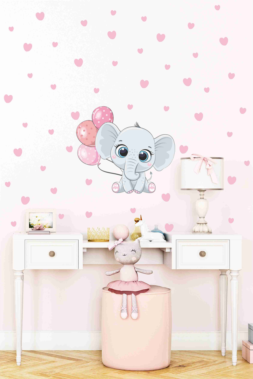 Sevimli Fil ve Pembe Balonlar Çocuk Odası Duvar Sticker