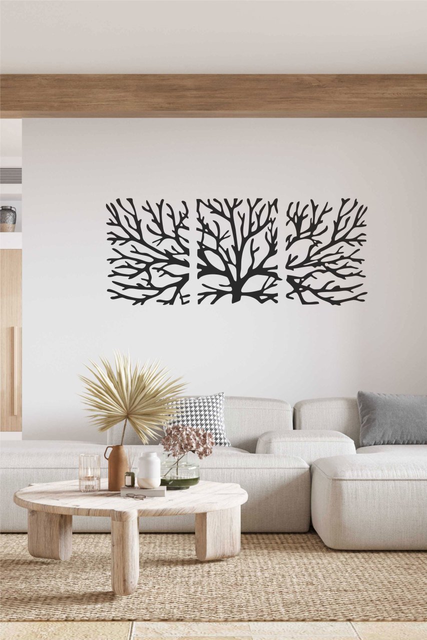 3 Parçalı Ağaç Desenli Siyah Mdf Lazer Kesim Dekoratif Tablo