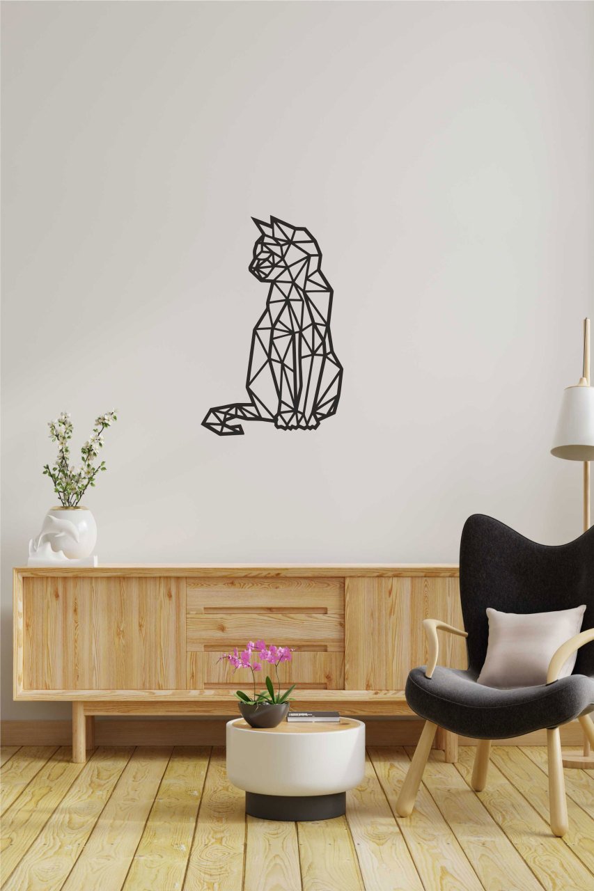 Siyah Geometrik Desen Kedi Mdf Lazer Kesim Dekoratif Tablo