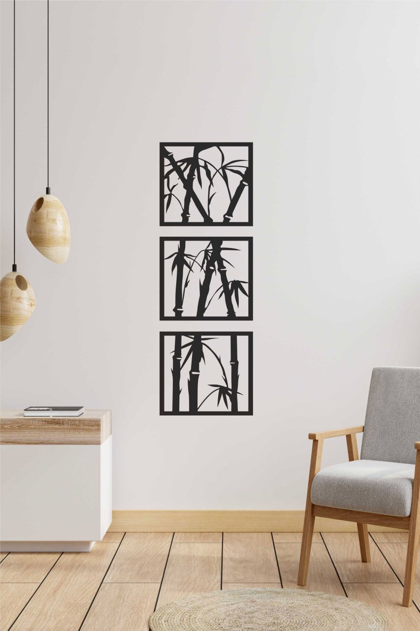 3 Parçalı Bambu Desen ﻿Siyah Geometrik Mdf Lazer Kesim Dekoratif Tablo