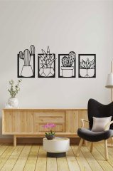 4 Parçalı Kaktüs Desenli Siyah Mdf Lazer Kesim