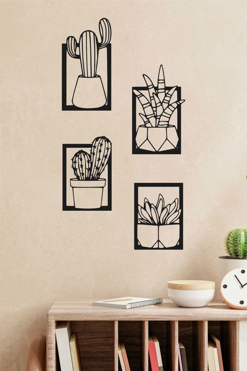 4 Parçalı Kaktüs Desenli Siyah Mdf Lazer Kesim