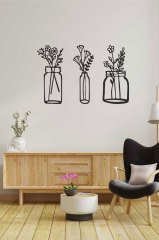 Çiçek Desenli 3 Parçalı Siyah Mdf Lazer Kesim