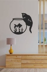 Akvaryumdaki Balık ve Kedi Siyah Mdf Lazer Kesim