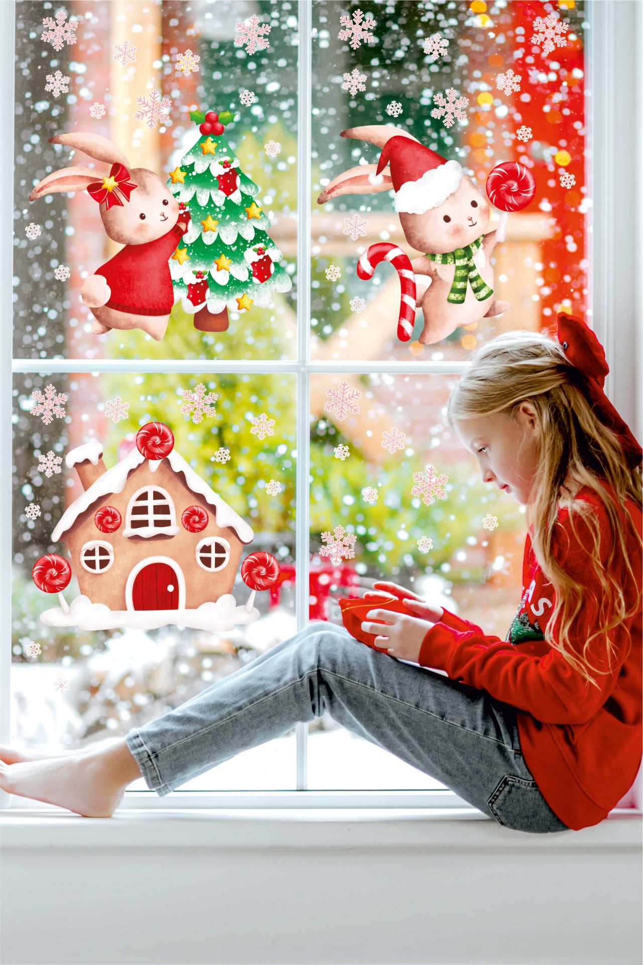 Sevimli Yılbaşı Tavşanları Pembe Kar Taneleri ve Yeni Yıl Evi Çocuk Bebek Odası Duvar Cam Sticker