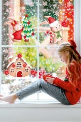 Sevimli Yılbaşı Tavşanları Pembe Kar Taneleri ve Yeni Yıl Evi Çocuk Bebek Odası Duvar Cam Sticker