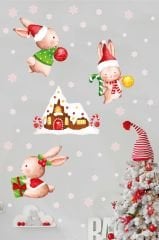 Sevimli Yılbaşı Tavşanları Pembe Kar Taneleri ve Yeni Yıl Evi Çocuk Bebek Odası Duvar Cam Sticker