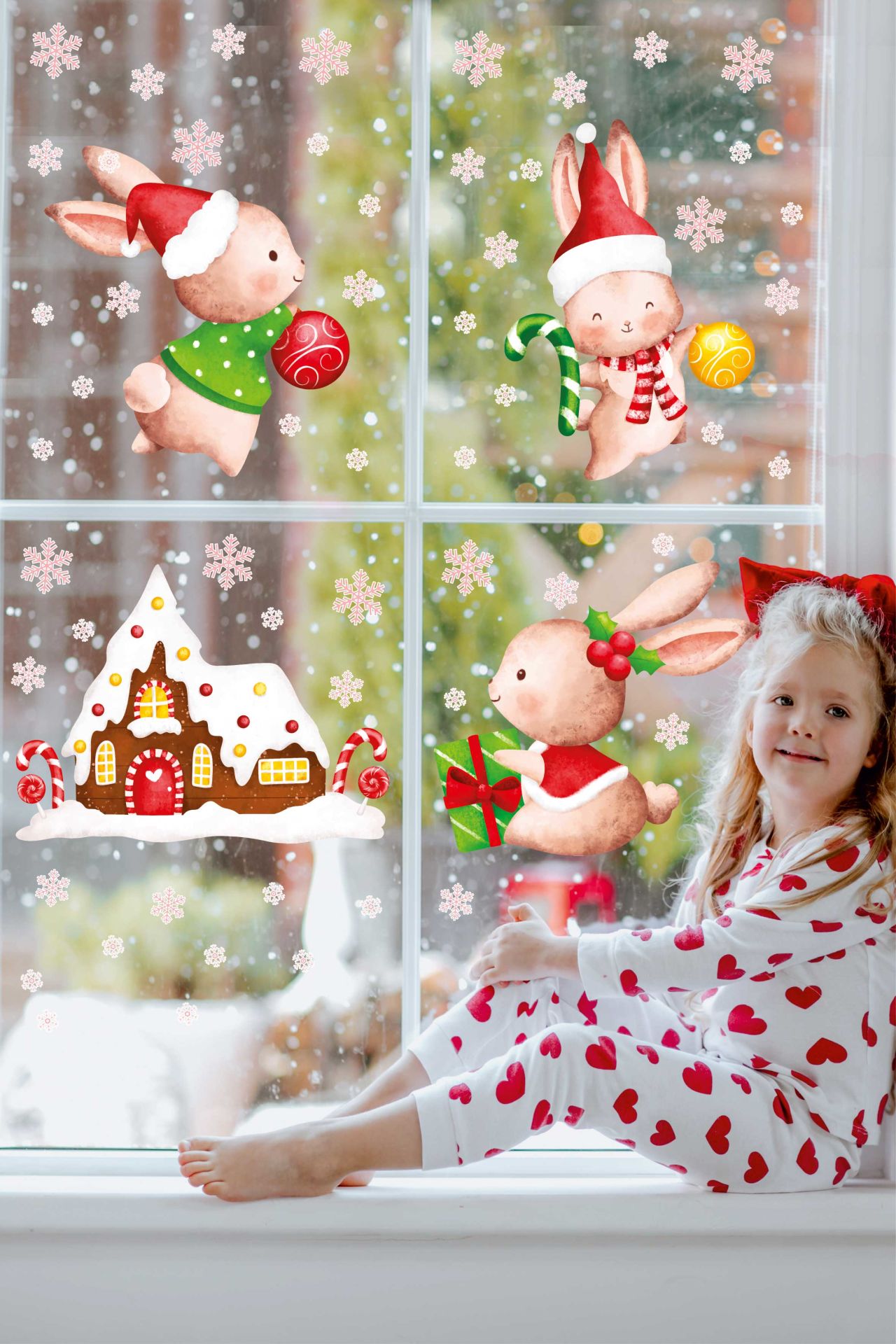 Sevimli Yılbaşı Tavşanları Pembe Kar Taneleri ve Yeni Yıl Evi Çocuk Bebek Odası Duvar Cam Sticker