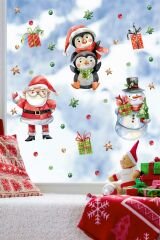 Yılbaşı Noel Baba Penguenler ve Kardan Adam Çocuk Bebek Odası Duvar Cam Sticker