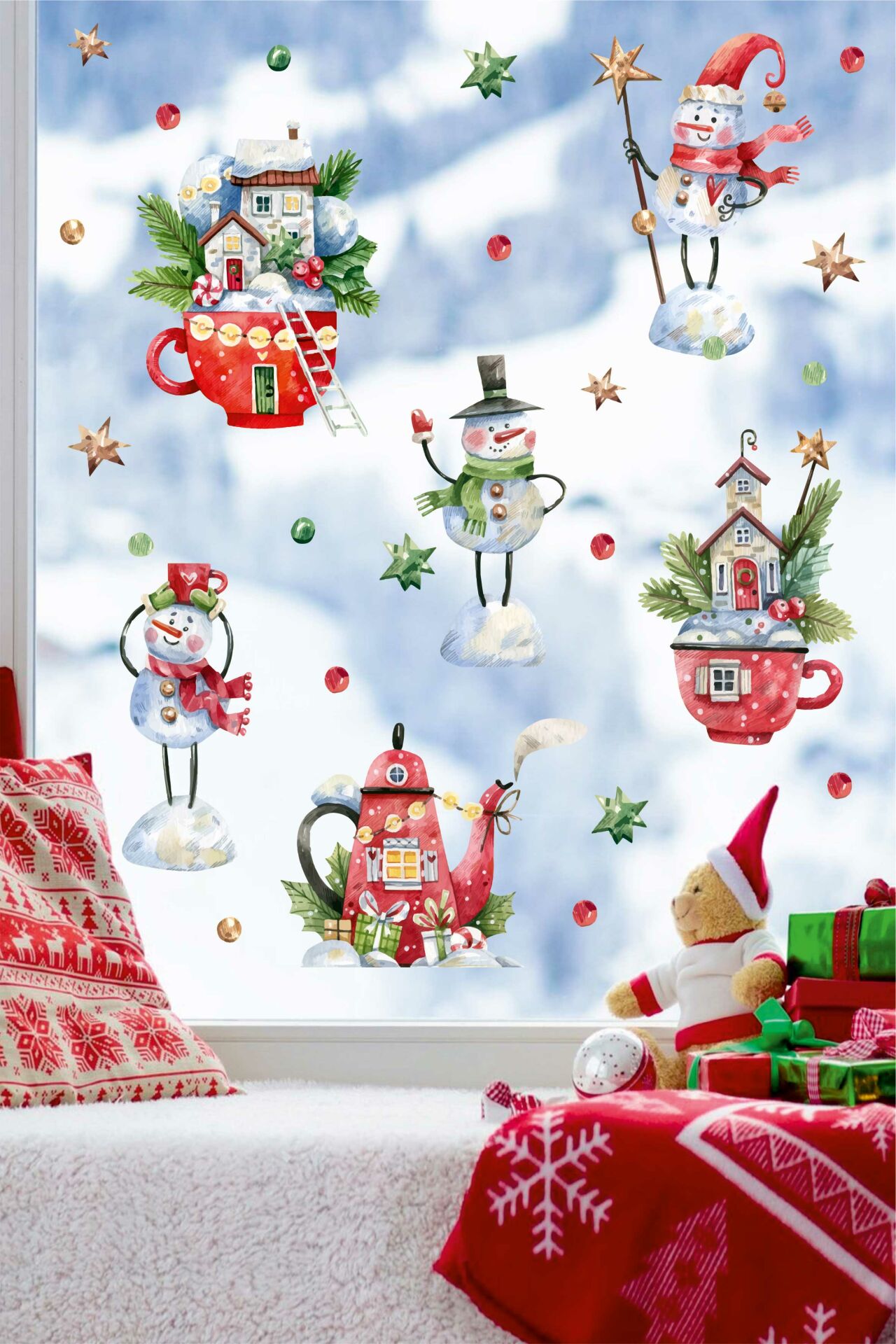 Yılbaşı Evleri Yeni Yıl Kardan Adamlar ve Objeler Çocuk Bebek Odası Duvar Cam Sticker