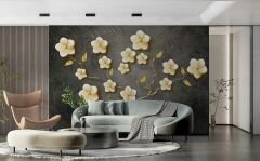 3D Beyaz ve Altın Çiçekler Soyut Duvar Kağıdı