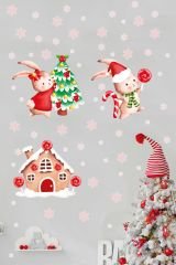 Şeffaf Sticker Sevimli Yılbaşı Tavşanları Pembe Kar Taneleri ve Yeni Yıl Evi Çocuk Bebek Odası Duvar Cam Sticker