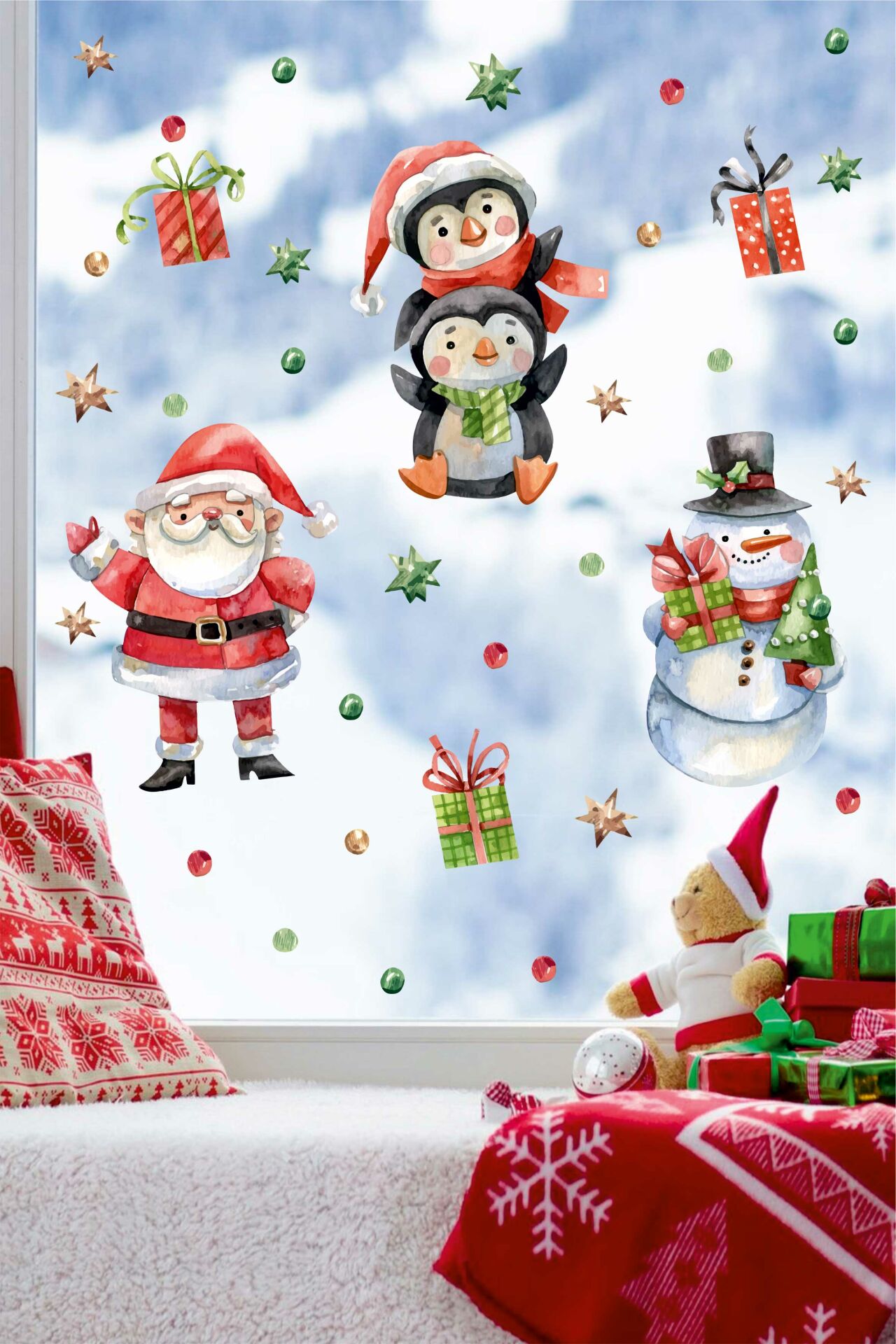 Şeffaf Sticker Yılbaşı Noel Baba Penguenler ve Kardan Adam Çocuk Bebek Odası Duvar Cam Sticker