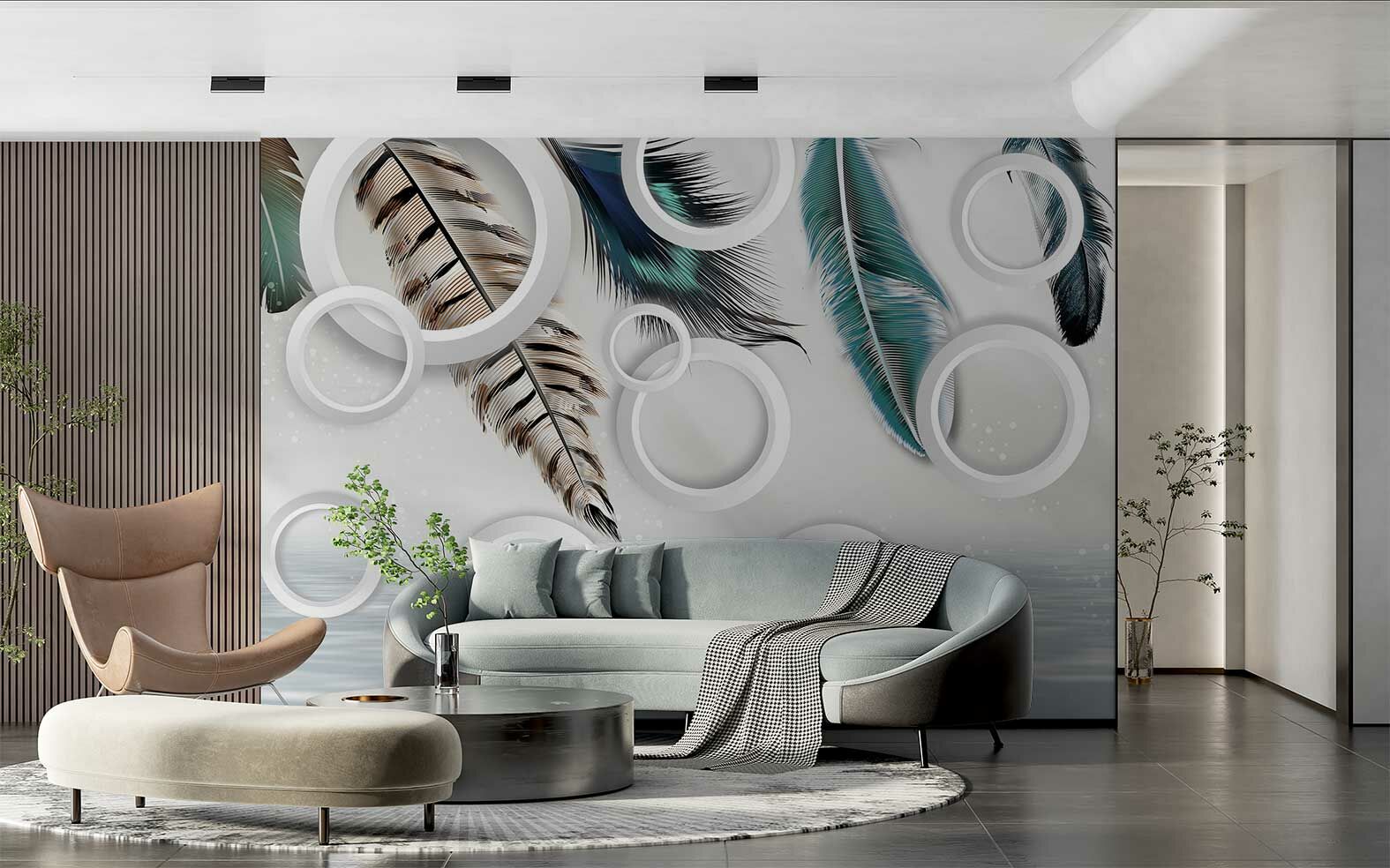 3D Yapraklar ve Daireler Duvar Kağıdı