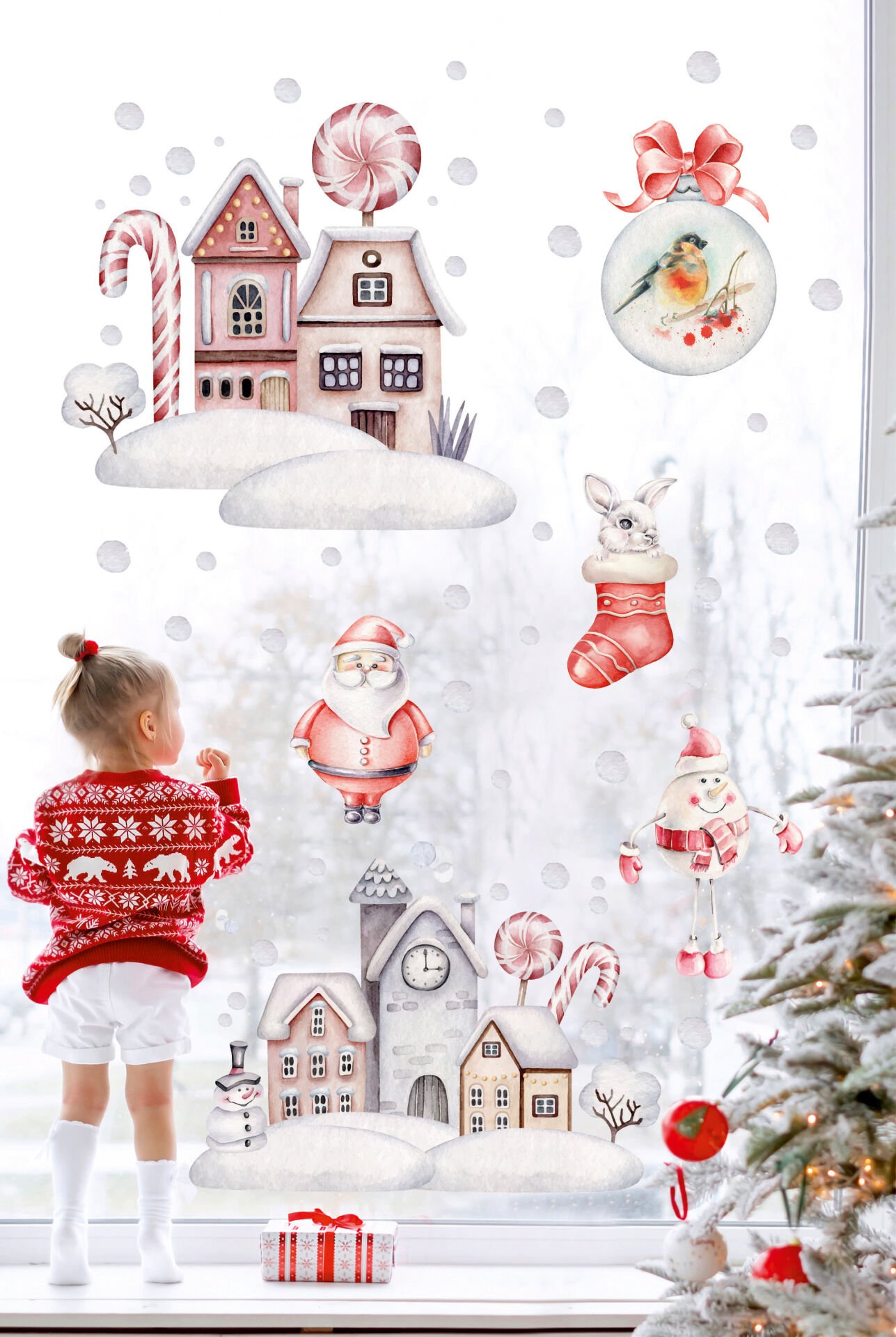 Sevimli Noel Baba Ve Yeni Yıl Evi Çocuk Bebek Odası Duvar Cam Sticker