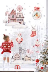Sevimli Noel Baba Ve Yeni Yıl Evi Çocuk Bebek Odası Duvar Cam Sticker
