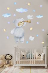 Dürbünlü Sevimli Ayıcık ve Kuşlar Çocuk Odası Duvar Sticker