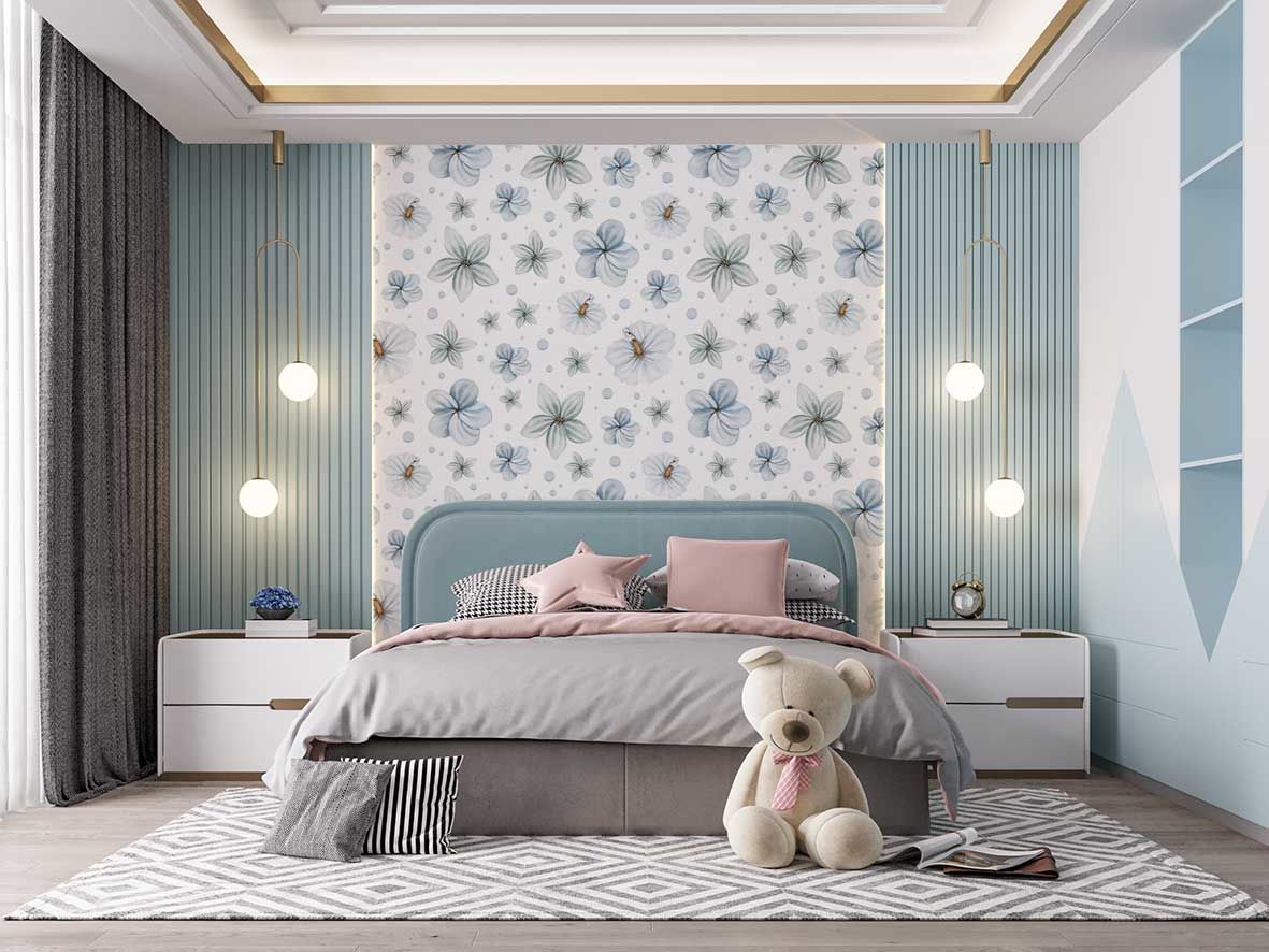 Mavi Soft Çiçekler Genç Odası Duvar Kağıdı