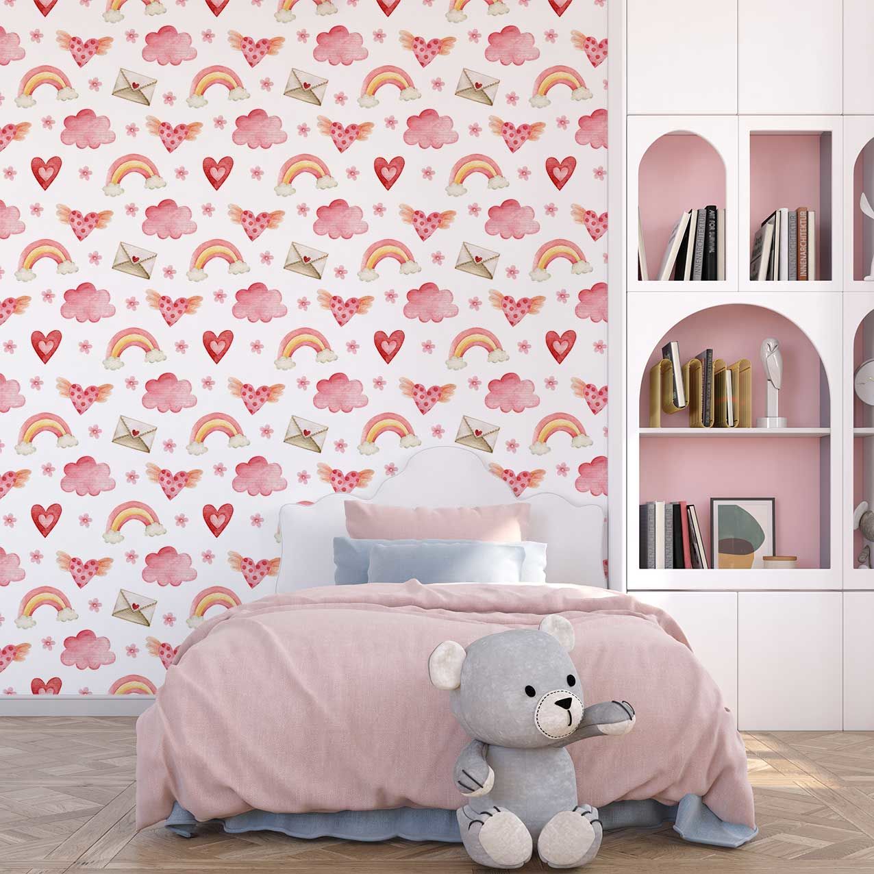 Pembe Tonlu Kalp,Gökkuşağı, Zarf Çocuk Odası Duvar Kağıdı