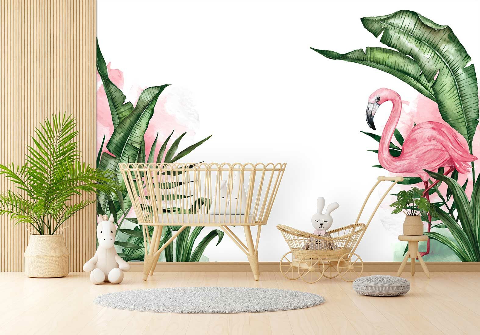 Tropikal Yapraklar ve Flamingo Duvar Kağıdı