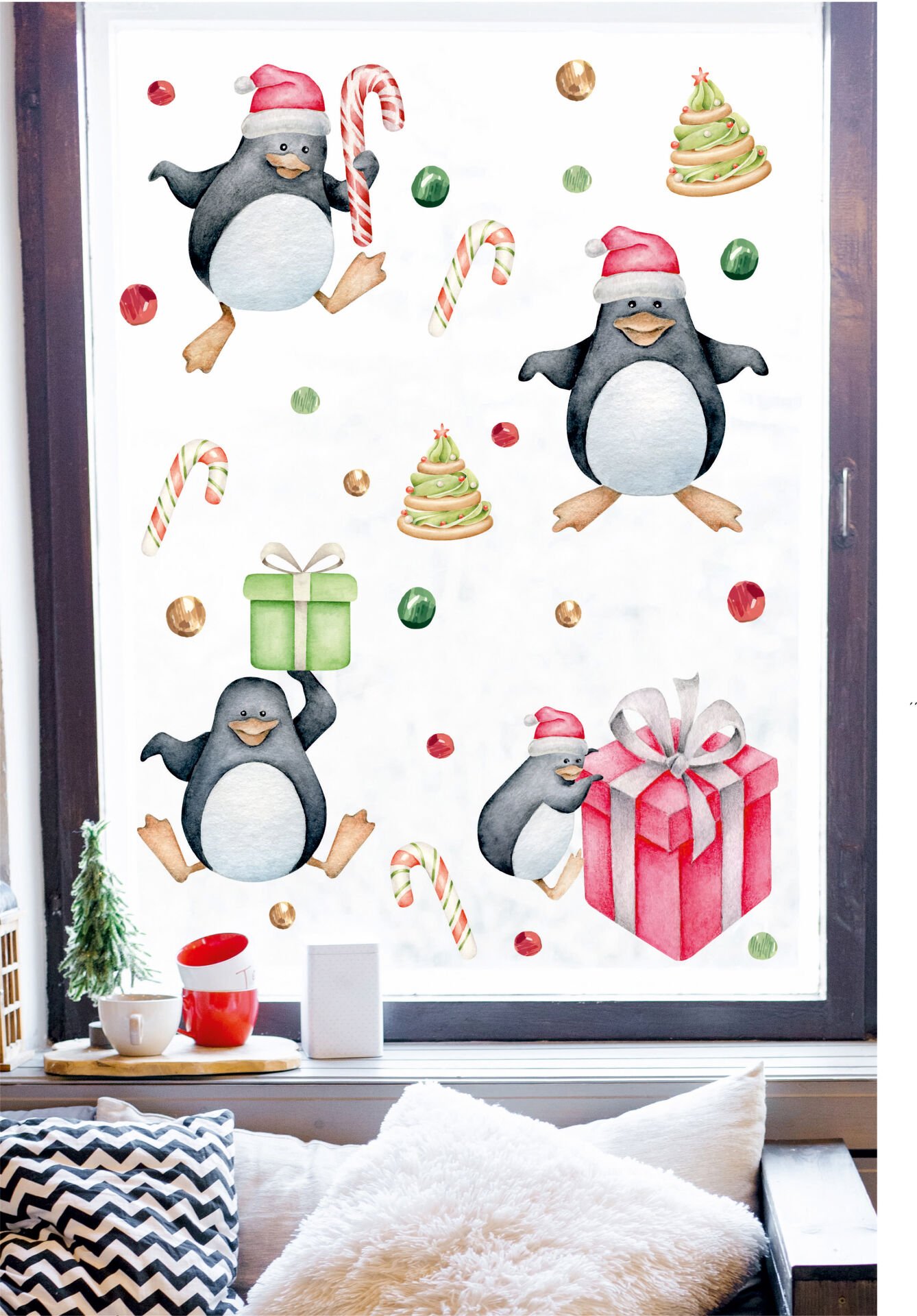 Sevimli Yılbaşı Penguenleri Ve Yılbaşı Objeleri Çocuk Bebek Odası Duvar Cam Sticker