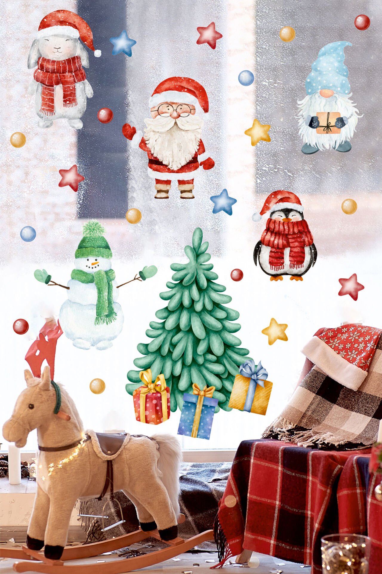 Sevimli Noel Baba, Kardan Adam, Hayvanlar Ve Yeni Yıl Objeleri Çocuk Bebek Odası Duvar Cam Sticker