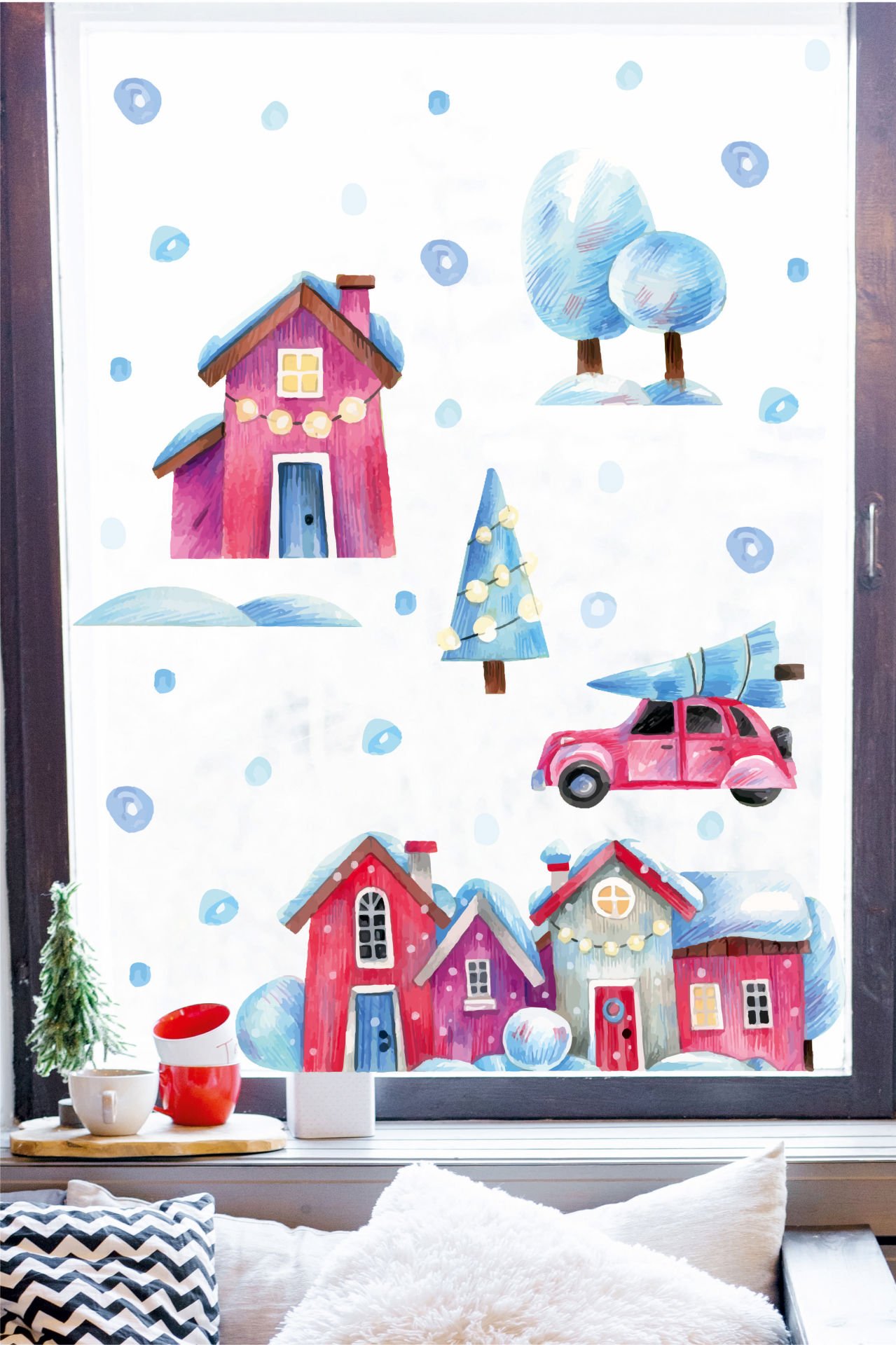 Sevimli Yılbaşı Konseptli Yeni Yıl Evleri Ve Araba Çocuk Bebek Odası Duvar Cam Sticker