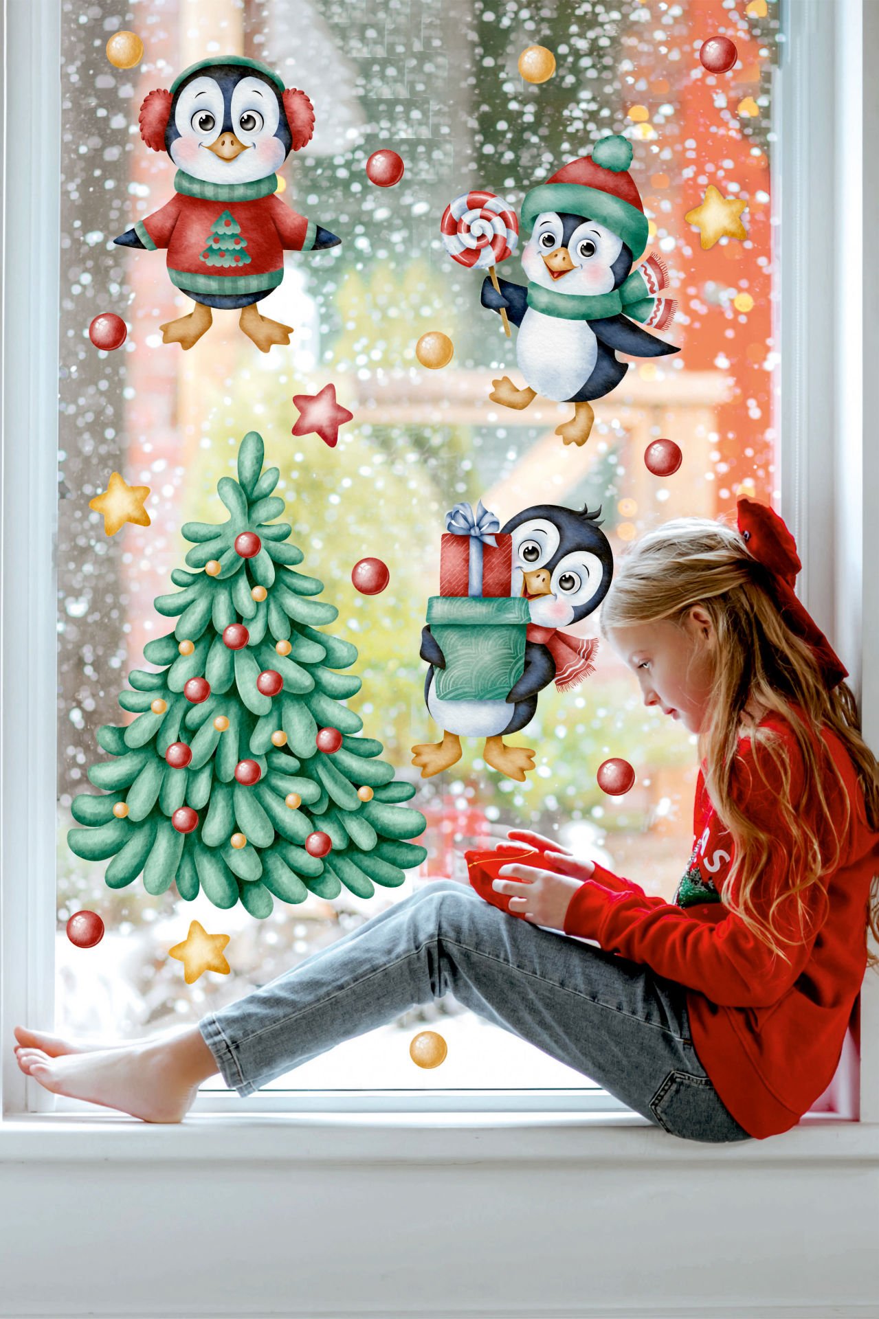 Sevimli Yılbaşı Penguenleri Ve Yılbaşı Ağacı Çocuk Bebek Odası Duvar Cam Sticker