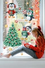 Sevimli Yılbaşı Penguenleri Ve Yılbaşı Ağacı Çocuk Bebek Odası Duvar Cam Sticker